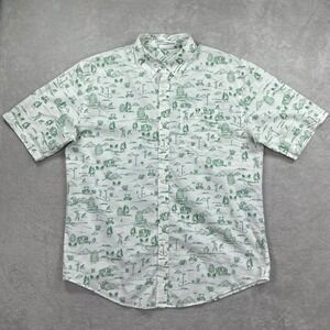 Criquet Button Down Shirt Men Large White Green Golf Print Short Sleeve Cotton